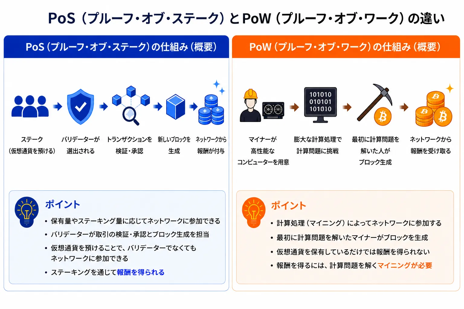 PoS(プルーフ・オブ・ステーク)とPoW(プルーフ・オブ・ワーク)の違いを解説した図解