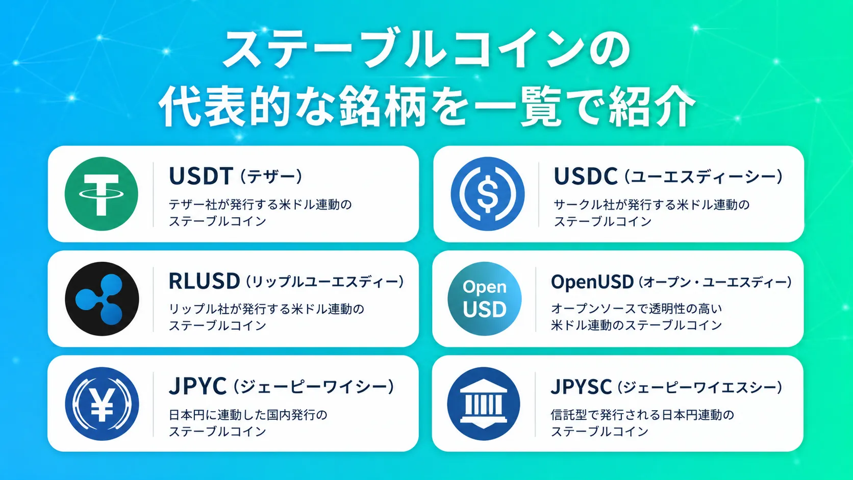 ステーブルコインの代表的な銘柄を一覧で紹介