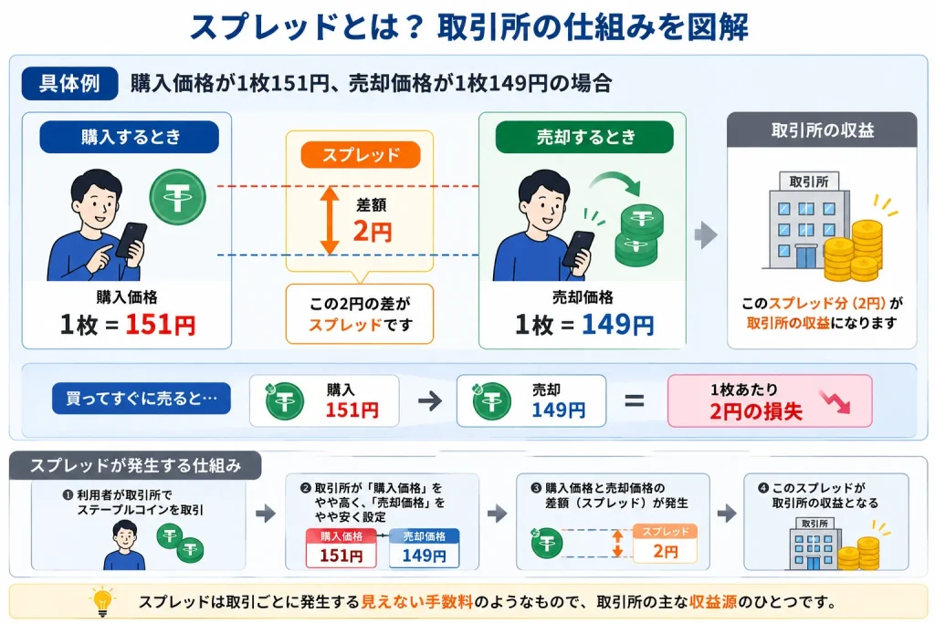 スプレッドが発生する取引所の仕組みについて解説した図解