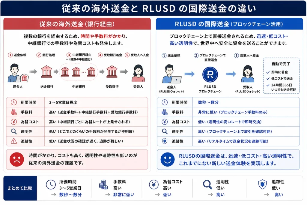 従来の海外送金とRLUSDの国際送金の違いを解説した画像