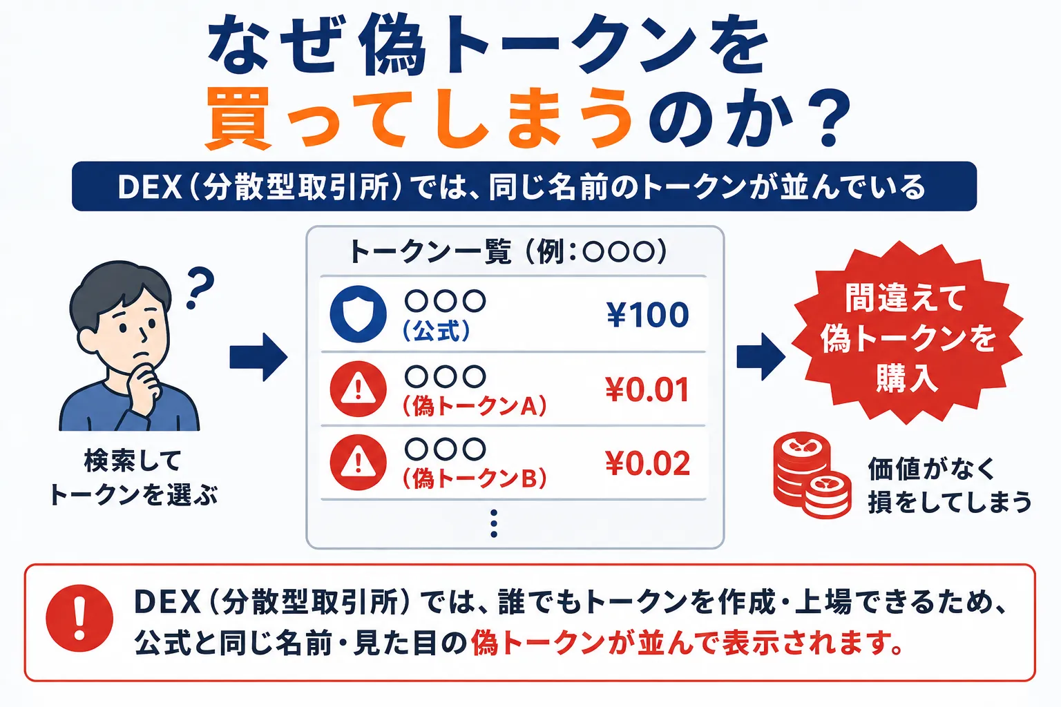 交換所(DEX)でなぜJPYCの偽トークンを購入してしまうのかを解説した画像