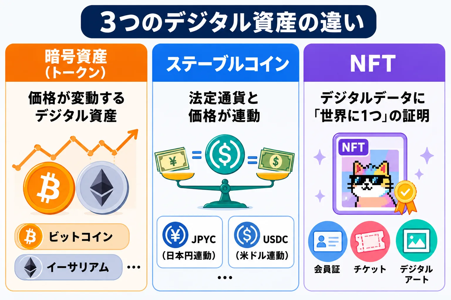 暗号資産とステーブルコインとNFTのt違いを解説した図解