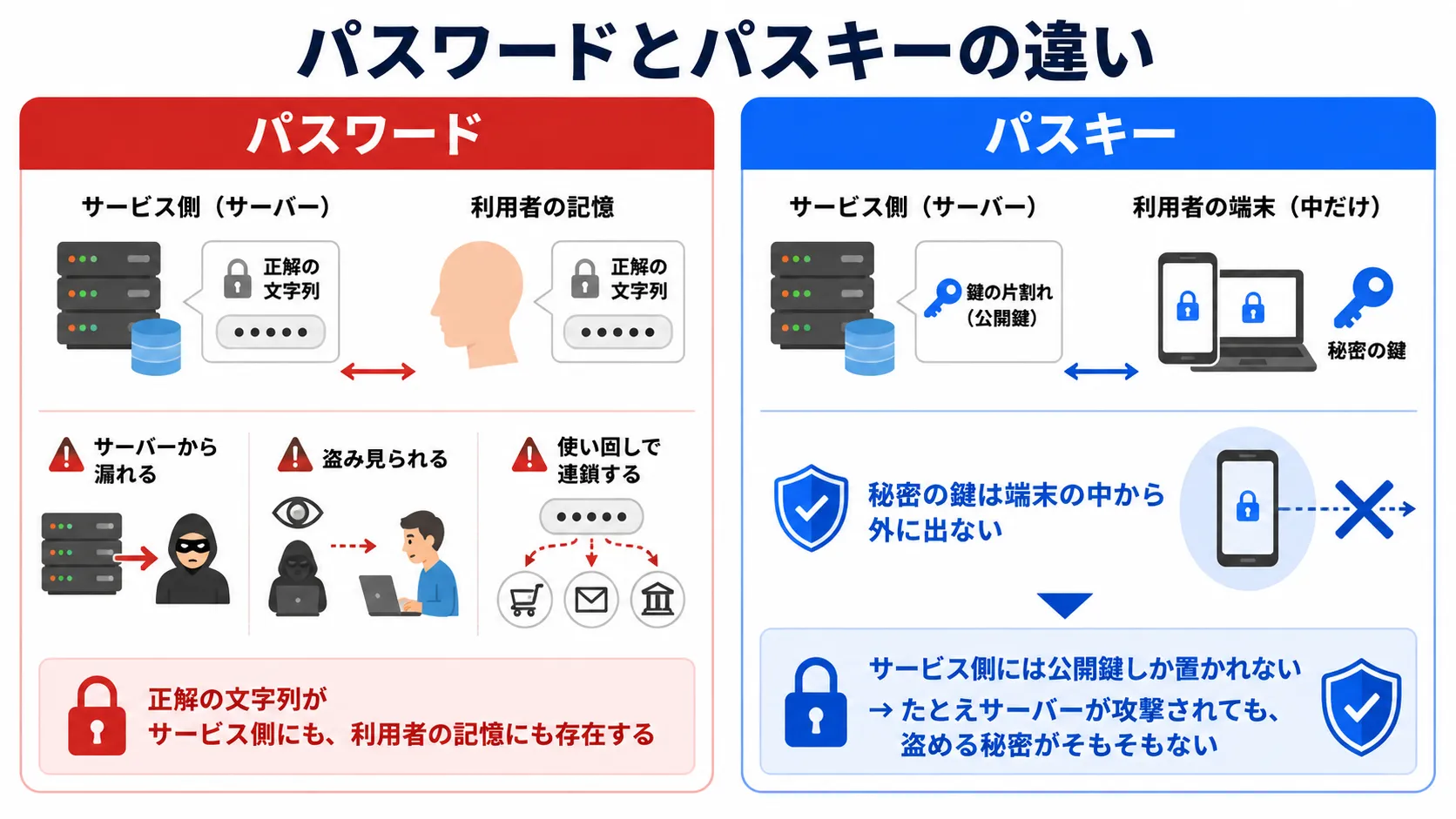 パスワードとパスキーの違いについてまとめた画像