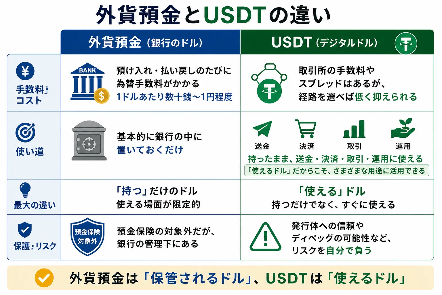 銀行の外貨預金とUSDTの違いを解説した図解