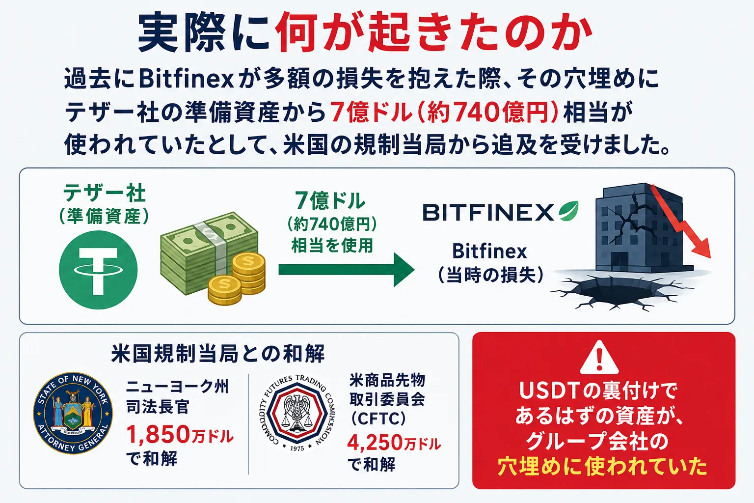 USDTの発行会社であるTether社が資金のやり取りで問題になった事例を解説した図解