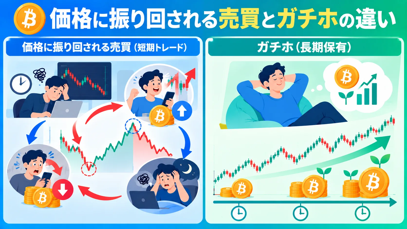 値動きに振り回される売買とガチホの違いを示した図