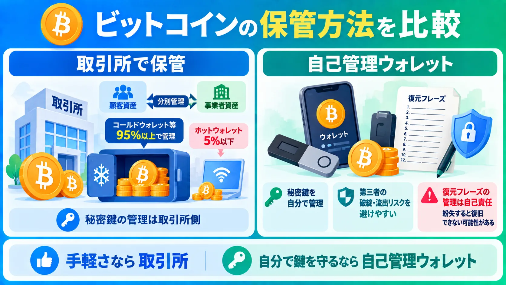 ビットコインの取引所保管と自己管理ウォレットの違いと注意点を示した図