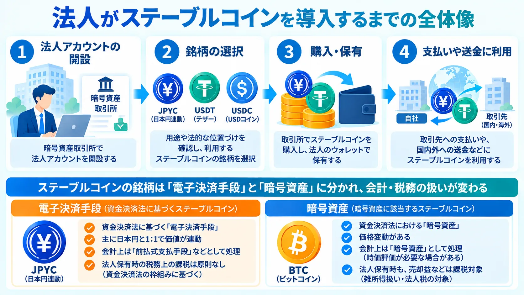 法人がステーブルコインを導入する流れと、銘柄ごとの法律上の位置づけの違いを示した図
