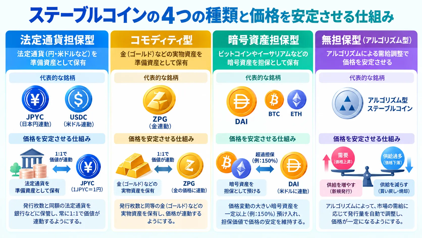 ステーブルコインの4つの種類と価格を安定させる仕組みの違いをまとめた図